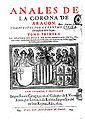 Portada de los Anales de la Corona de Aragón. The four moors became the coat of arms of Aragon as well, crowned and bearded.