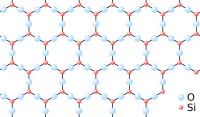 Regular hexagonal pattern of Si and O atoms, with a Si atom at each corner and the O atoms at the centre of each side.