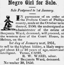 Newspaper ad with a drawing of a black girl to the left; the title reads "Negro Girl for Sale".