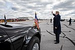 President Donald J. Trump waves to awaiting supporters Saturday, Oct. 27, 2018, as he disembarks Air Force One at Indianapolis International Airport, to address the Future Farmers of America convention in Indianapolis.