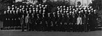 Official Navy photograph of Pueblo's crew taken on the grounds of the Balboa Naval Hospital in San Diego shortly after their arrival.
