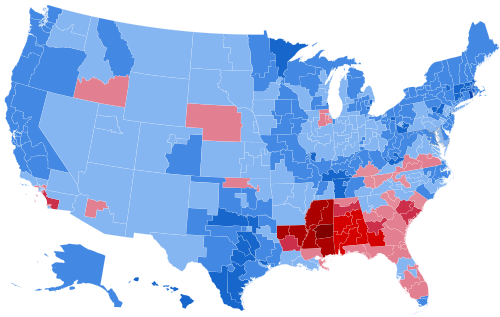 Results by district, shaded according to winning candidate's percentage of the vote