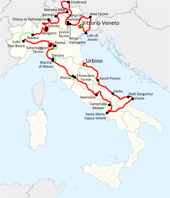 Map of the 1988 Giro d'Italia route, from Urbino to Vittorio Veneto (stage courses in red, and connections between host towns in green)