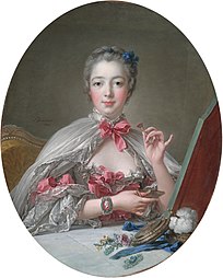 Madame de Pompadour, the mistress of Louis XV of France, made pink and blue the leading fashion colors in the Court of Versailles. She had a special pink tint created for her by the Sevres porcelain factory. This portrait by François Boucher was painted in 1758.