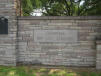 Entrance to Cedarvale Bay City Cemetery, which dates to 1896 with the burial of Rufus A. Mathis, an early Bay City pioneer