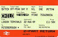 Fahrkarte aus Großbritannien (Hier: Kinderrückfahrschein von London nach Peterborough, FCC only unter „Route“ bedeutet die Beschränkung auf Züge von First Capital Connect).