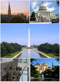 Top left: Georgetown University; top right: U.S. Capitol; middle: Washington Monument; bottom left: African American Civil War Memorial; bottom right: Basilica of the National Shrine of the Immaculate Conception
