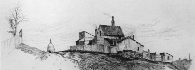 An ink sketch of a small wooden homestead, showing the U.S. Capitol in the distance
