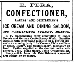 Advertisement for Fera's Ice Cream & Dining Saloon, 1868