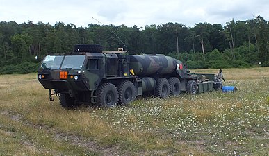 HEMTT M978A4 9,500-liter (2,500 U.S. gal) capacity fuel tanker with M989 HEMAT trailer
