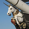 HMS Unicorn in Dundee. Close-up view of the unicorn sculpture.