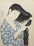 Hashiguchi Goyo, Woman in Blue Combing Her Hair, woodblock print, Japan, 1920