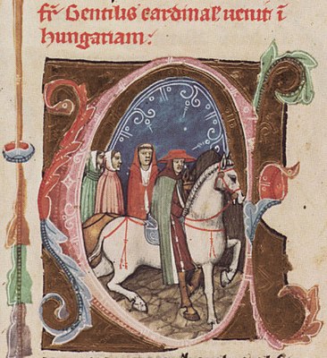 Chronicon Pictum, Hungarian, Hungary, Cardinal Gentile, Gentile Portino da Montefiore, papal legate, priest, Franciscan, riding, white horse, medieval, chronicle, book, illumination, illustration, history