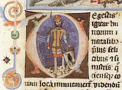 Chronicon Pictum, Hungarian, Előd, chieftain, spear, shield, Turul, bird, medieval, chronicle, book, illumination, illustration, history