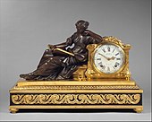 French Neoclassical mantel clock (pendule de cheminée); 1757–1760; gilded and patinated bronze, oak veneered with ebony, white enamel with black numerals, and other materials; 48.3 × 69.9 × 27.9 cm; Metropolitan Museum of Art