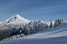 A snow-covered mountain overlooking snowy terrain with trees in the foreground.