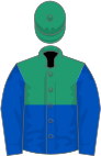 Emerald Green and Royal Blue (halved horizontally), Royal Blue sleeves, Emerald Green cap
