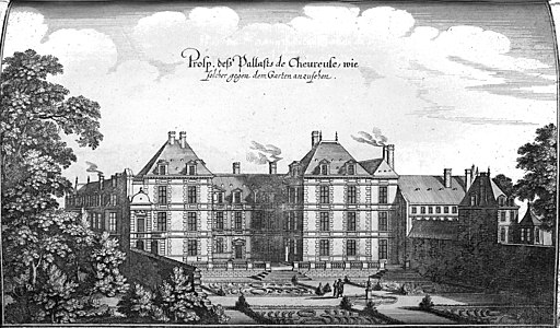 Garden façade of the Hôtel de Chevreuse before 1655, engraved after Jean Marot and published in Topographia Galliae[1]
