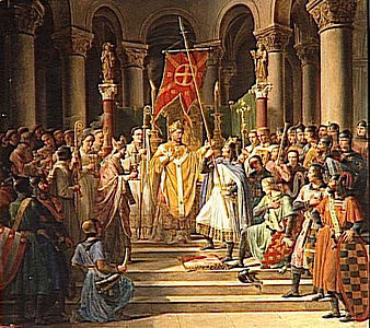 King Philip II of France receives the Oriflamme from the bishop before going to war (13th c., 1841 painting)