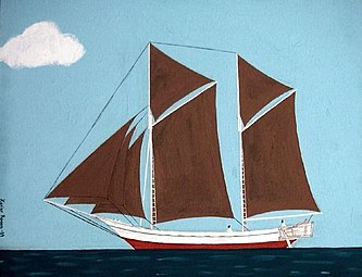 Painting of a pinisi-rigged ship.