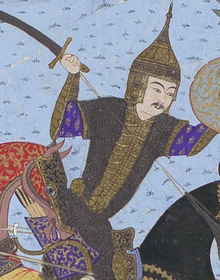 Illustration of Sukhra shown holding a sword in his right hand and a shield in his left