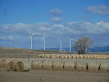 Six turbines of the Two Dot Wind Farm in the mid-ground, with rolled bales of hay in the foreground and a ridgeline in the background.