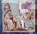 Actress singing, actor playing aulos, girl playing cithara. Antique fresco in Herculaneum