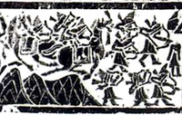Yinan tombs relief, depicting an attack by Hu barbarians with pointed hats, bow and arrows. 2nd century AD, Eastern Han.[240]