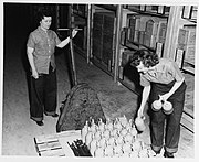 WAVE yeoman storekeepers load oil cans on a pallet, c. 1944
