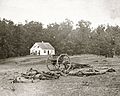 Dead Confederates at the site of a Rebel Artillery Battery; Dunkard Church in background