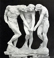 Auguste Rodin, The Three Shades, before 1886, plaster, 97 x 91.3 x 54.3 cm. In Dante's Divine Comedy, the shades, i.e. the souls of the damned, stand at the entrance to The Gates of Hell, pointing to an unequivocal inscription, “Abandon hope, all ye who enter here”. Rodin assembled three identical figures that seem to be turning around the same point.[19]