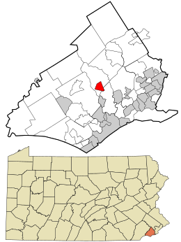 Location of Media in Delaware County (top) and of Delaware County the U.S. state of Pennsylvania (below)