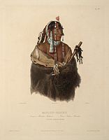 "Mändeh-Páhchu, A young Mandan Indian": aquatint by Karl Bodmer from the book "Maximilian, Prince of Wied's Travels in the Interior of North America, during the years 1832–1834"