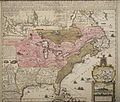 Lower Louisiana marked in yellow; pink represents Canada. Part of Canada below the great lakes was ceded to Louisiana in 1717. Brown represents British colonies. Original map from 1719