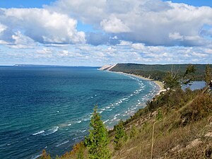 Sleeping Bear Dunes and South Manitou Island (background) from the Empire Bluffs Trail, near Empire