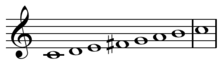 a treble clef and ascending scale with the notes C D E F# G A B C