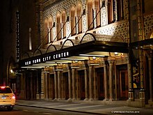 The entrance to New York City Center as seen at night