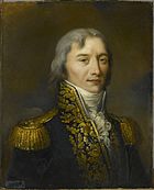 Portrait shows a gray-haired man wearing a dark military uniform with gold lace on the high collar.
