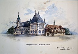 Entwurfszeichnung für den Museumsneubau von Alfred Sasse (1903), mit rechts anschließendem Pfarrwitwenhaus