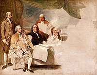 Treaty of Paris depicts the American delegation at the 1783 Treaty of Paris. The British delegation refused to pose, and the painting was never completed, c. 1783-84.