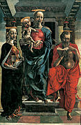 Cosmè Tura, Madonna and Child between a Martyr saint and saint Jerome