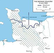 Karte der Normandie und der alliierten Front mit eingezeichneter Bocage-Landschaft, angefertigt von der US Army
