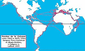 Routes of the Calypso, research ship of Commander Cousteau.