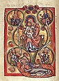 Scherenberg Psalter, c. 1260. Mary and Child, David and Solomon above, Isaiah and Jeremiah below. Note the doves in the medallions.