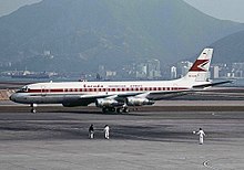 A Garuda Indonesia Douglas DC-8 at Kai Tak Airport in 1967, showing an older livery