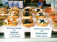 A variety of Fischbrötchen, including with Rollmops