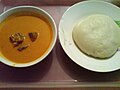 Image 26Fufu (pictured right) is a staple food of West and Central Africa. It is a thick paste made by boiling starchy root vegetables in water and pounding the mixture with a mortar and pestle. Peanut soup is pictured at left (from Cuisine of the Central African Republic)