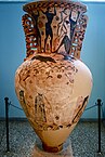 Fig. 2. Two wingless cauldron-headed Gorgons with wasp-shaped bodies chase Perseus (on the body of the vase below the neck); Eleusis Amphora, Eleusis, Archaeological Museum 2630 (mid seventh century BC)[59]