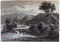 A Victorian engraving of Goodrich Court, with the court in the centre and Goodrich Castle centre-left
