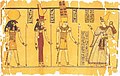 Ramesses III talking with the Theban Triad: Amun, Mut and Khonsu. The ‘Great Harris Papyrus’ at the British Museum, c. 1150 BC. Image taken from the book The Search for Ancient Egypt (p. 91) by Jean Vercoutter.